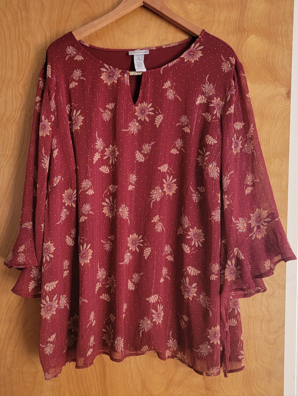 Catherines Burgundy Floral Keyhole Tunic with Semi-sheer Flutter Sleeves Size 3x